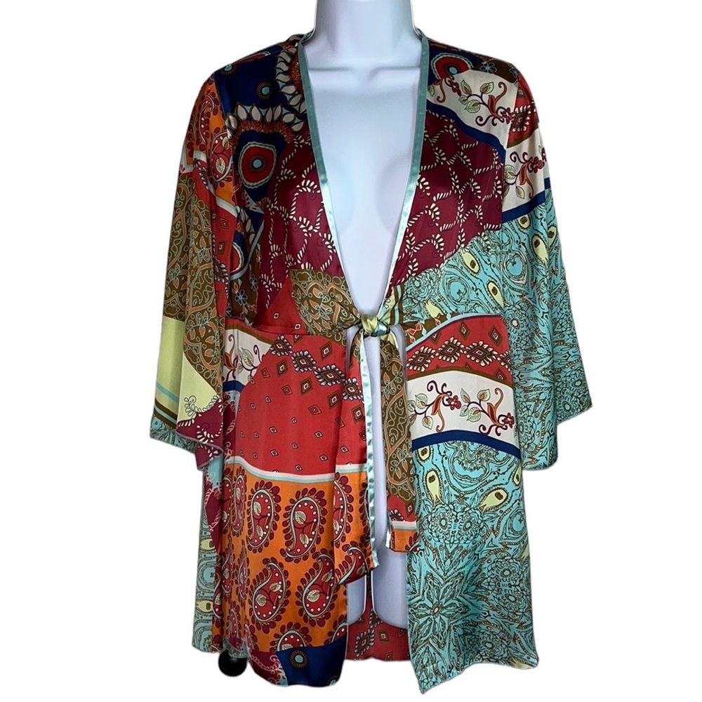 CAbi Patchwork Tunic Multicolor Kimono Jacket Tie Front Boho Paisley Blues #914